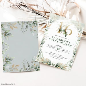 May include: A light blue invitation with a gold number 16 and green foliage. The text reads "Please join us to celebrate Elizabeth's Sweet Sixteen, Saturday, October 25, 20XX, 12PM-2PM, The Andersen Residence, 1254 Botanical Garden Rd, Sydney NSW 2545, RSVP Rebecca 0412 345 667, By 10th September."