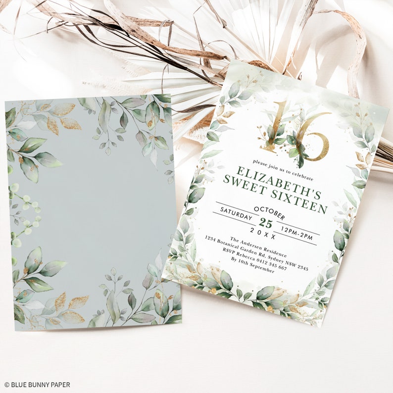 May include: A light blue invitation with a gold number 16 and green foliage. The text reads "Please join us to celebrate Elizabeth's Sweet Sixteen, Saturday, October 25, 20XX, 12PM-2PM, The Andersen Residence, 1254 Botanical Garden Rd, Sydney NSW 2545, RSVP Rebecca 0412 345 667, By 10th September."
