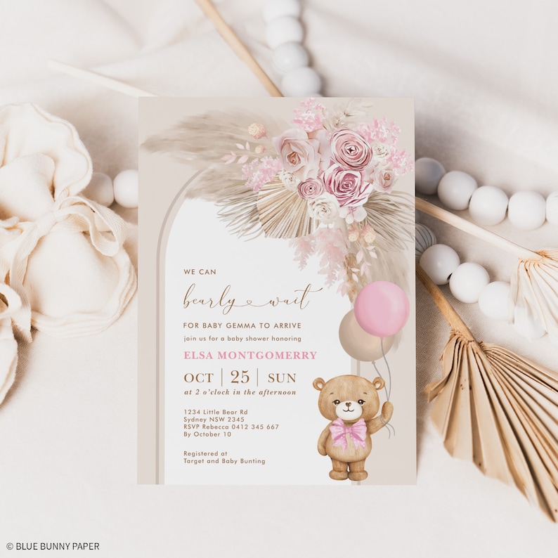 Girl Boho Teddy Bear Baby Shower Invitation Template Pink Pampas Grass ...