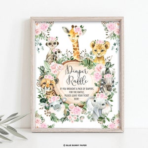 Girl Jungle Diaper Raffle Sign, Safari Animals Baby Shower Printable, Pink Floral Greenery Party Decorations, INSTANT DOWNLOAD, JUN16