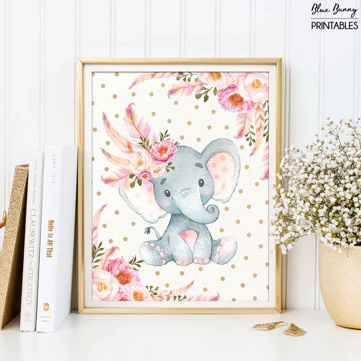 boho baby elephant pink gold clip art