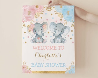 Editable Twin Elephant Welcome Sign, Boy Girl Elephant Twins Baby Shower Decorations, Pink Blue Gold Gender Reveal Template Download, EL6