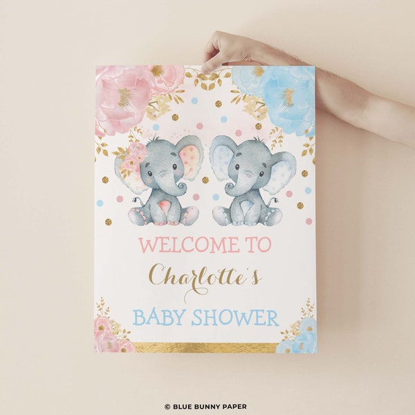 Signo de bienvenida de elefante gemelo editable, decoraciones de baby shower de gemelos elefante niña niño, descarga de plantilla de revelación de género de oro azul rosa, EL6
