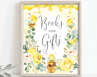 Signo de libros y regalos, signo de baby shower de abeja de miel, decoraciones de mesa de abejorro, flores amarillas, descarga instantánea de fiesta floral de verano, BEE1