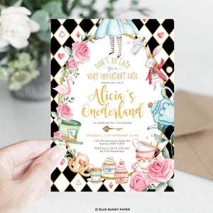 Alice im Wunderland-Einladungsvorlage, Alice in Onederland 1. Geburtstag einladen, Mad Tea Party, EDITIERBARE druckbare Sofort-Download, AL1