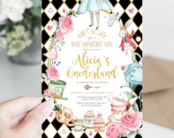 Alice in Wonderland Invitation Template, Alice in Onederland 1st Birthday Invite, Mad Tea Party, EDITABLE Printable Instant Download, AL1