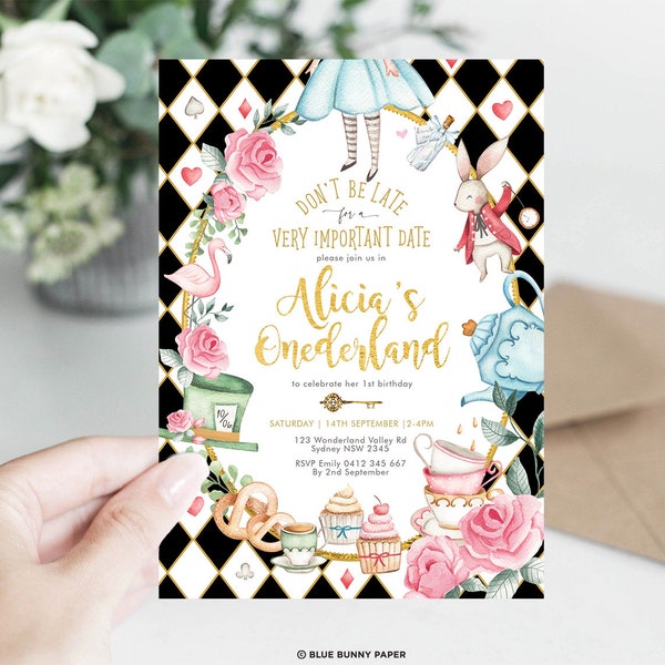 Plantilla de invitación de Alicia en el País de las Maravillas, Alicia en Onederland 1er cumpleaños invitación, Mad Tea Party, Descarga instantánea imprimible EDITABLE, AL1