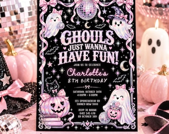 Ghouls Just Wanna Have Fun Birthday Invitation, Pink Disco Ghost Halloween Party, Editable Canva Template, HL2