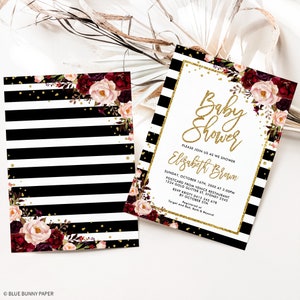 May include: Black and white striped baby shower invitation with gold glitter and burgundy floral accents. The invitation reads "Baby Shower" and "Please join us as we shower Elizabeth Brown".