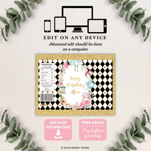May include: A printable digital download for a personalised Alice in Wonderland themed chocolate bar wrapper. The wrapper features a black and white chequered pattern with gold glitter accents. The design includes Alice, the Mad Hatter, the White Rabbit, and a teacup. The text on the wrapper reads "Happy 1st Birthday Alicia".