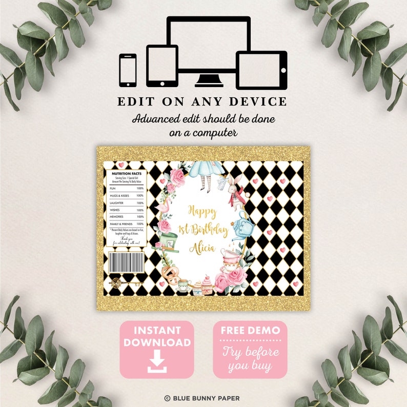 Alice in Wonderland Chip Bag, Onederland Birthday Favors, Mad Hatter Tea Party Baby Shower Editable Template INSTANT DOWNLOAD, AL1 image 4
