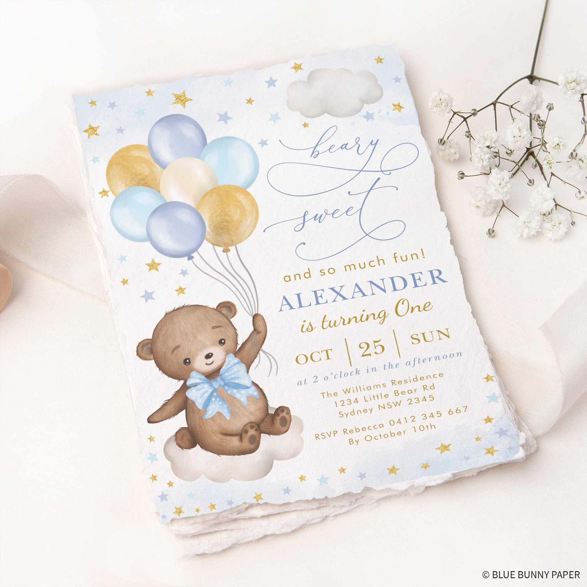 Editable Teddy Bear Birthday Invitation Blue Gold Balloons | Etsy