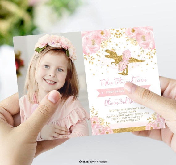 Pink Gold Dinosaur Birthday Invitation. Girl TRex Tutus Tiaras. Blush Floral Dinosaur Party