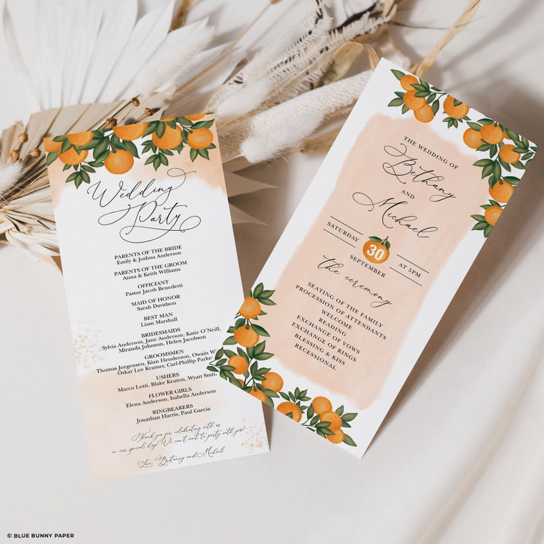 Orange Wedding Program Template Citrus Ceremony Program Botanical Printable Wedding Day Itinerary DIY Order Of Service EDITABLE Downlod, OR1 image 1