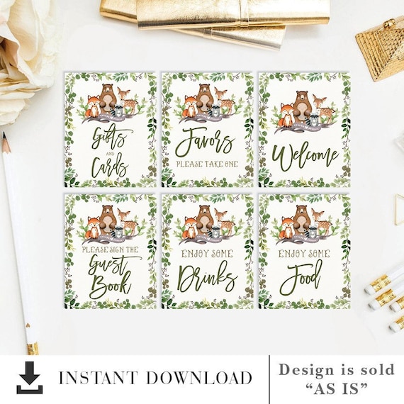 Woodland Animals Baby Shower Table Signs Forest Greenery Etsy