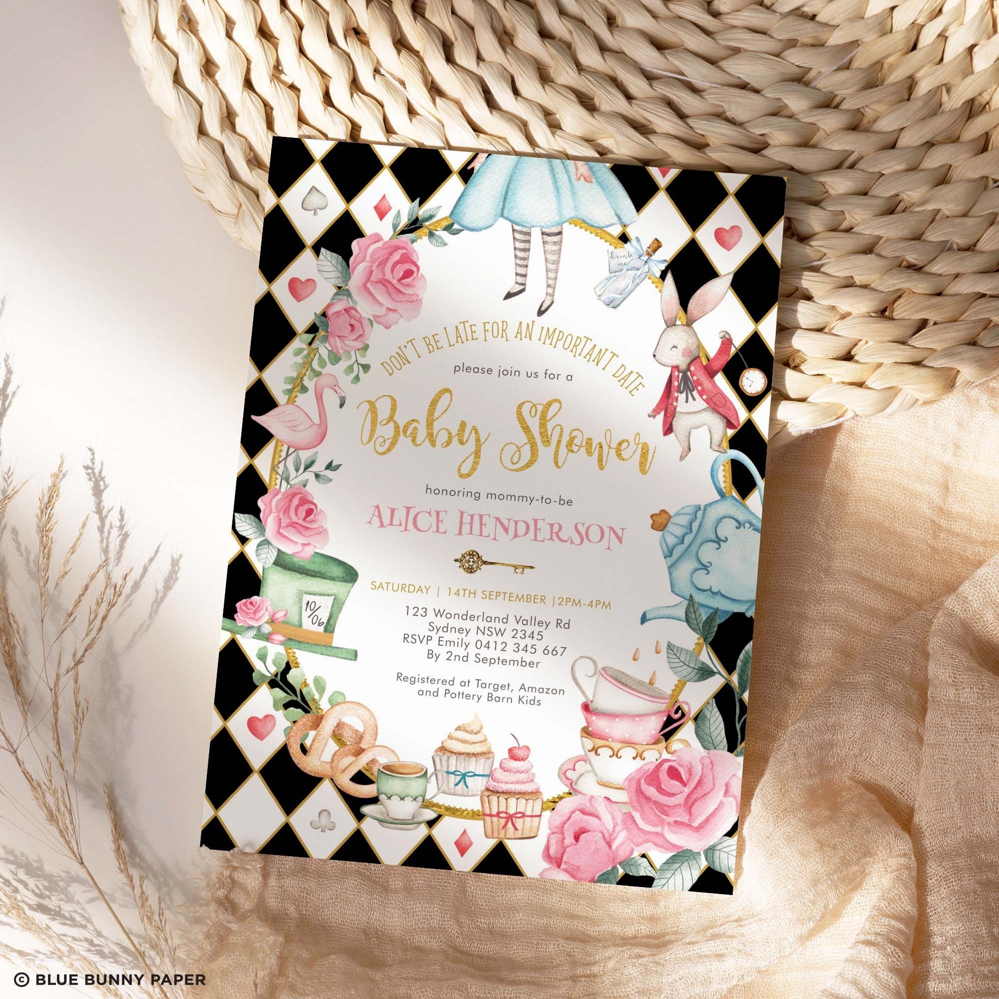 Alice in Wonderland Mad Hatter's Tea Party Printed Baby Shower Invitat -  swirly-world-design