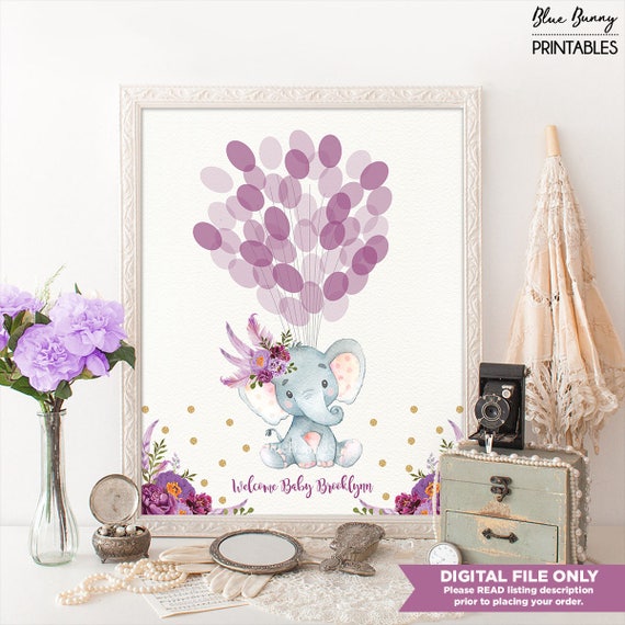 Boho Elephant THUMBPRINT GUESTBOOK Printable Sign. Purple Gold Confetti Jungle Baby Shower. Alternative Fingerprint Thumbprint Tree FLO12BE Il_570xn