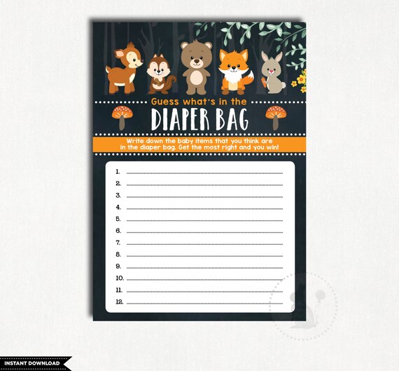 Woodland Baby Shower Printable Game. Diaper Bag Game. Guess What's in