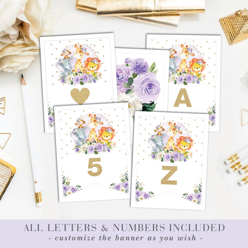 Purple Gold Safari Animals Baby Shower Printable Banner. Purple Floral Birthday Party Decorations. Wild One. ALL LETTERS & NUMBERS. JUN15 image 2