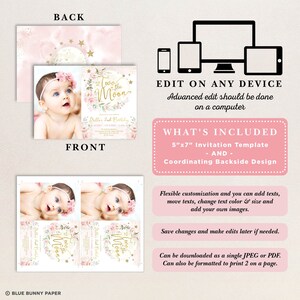 May include: Editable 5x7 inch invitation template for a girl's second birthday party. The front features a pink and gold design with a moon, stars, and flowers. The back features a coordinating design. The text on the front reads "Two the Moon Stella's 2nd Birthday".