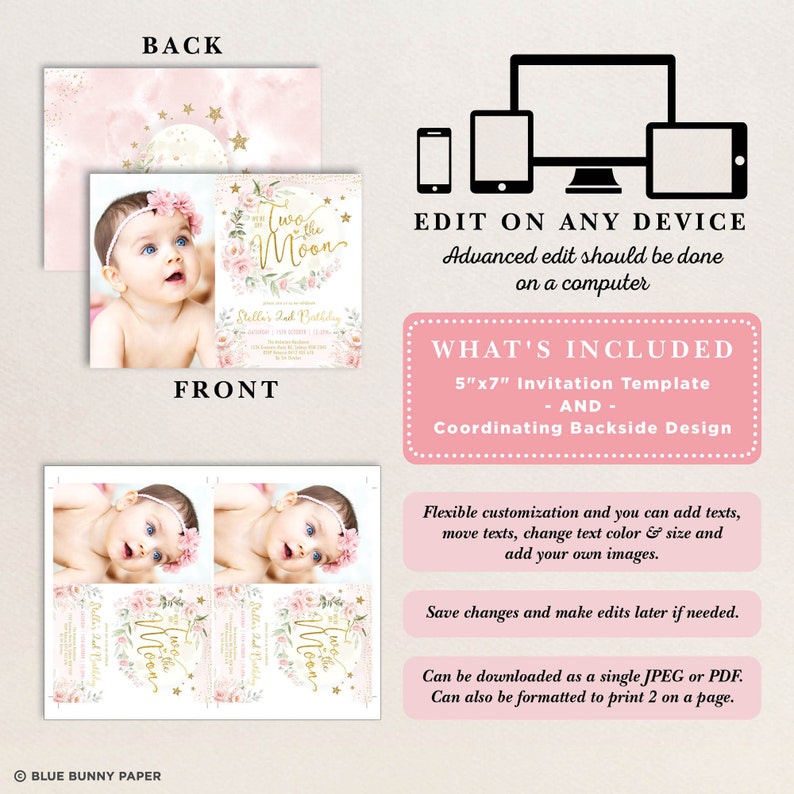May include: Editable 5x7 inch invitation template for a girl's second birthday party. The front features a pink and gold design with a moon, stars, and flowers. The back features a coordinating design. The text on the front reads "Two the Moon Stella's 2nd Birthday".