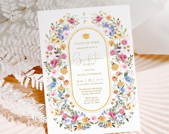 Wildflower Graduation Party Invitation Template, Editable Colorful Flowers Graduate Invite Printable Card, Spring Floral Card Download, FLO2