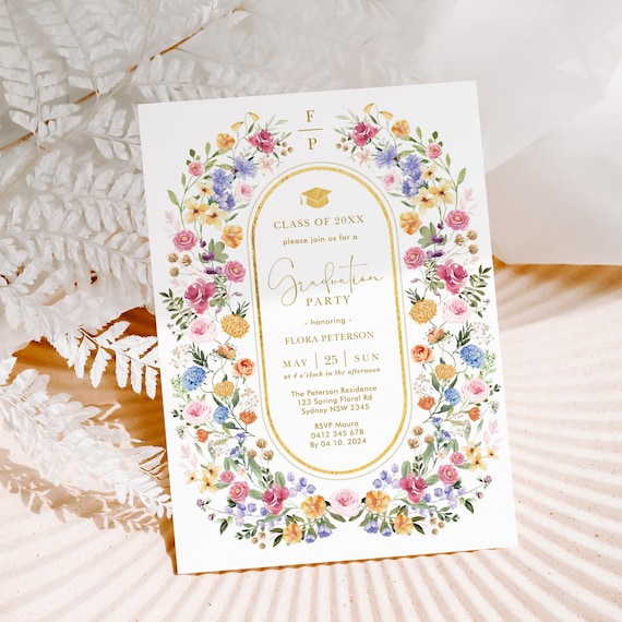 Wildflower Graduation Party Invitation Template, Editable Colorful Flowers Graduate Invite Printable Card, Spring Floral Card Download, FLO2