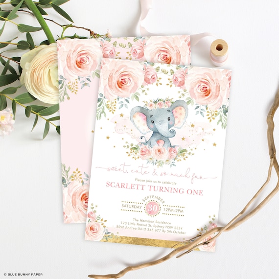 Instant Download Turning One Elephant First Birthday Flower Girl Birthday Pink Floral Printable Invitation Elephant Birthday Invite