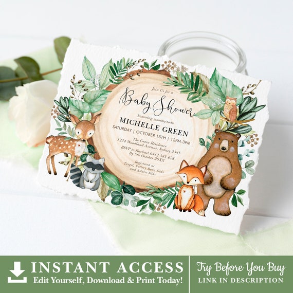 Editable Rustic Greenery Woodland Baby Shower Invitation Template. Cute Forest Animals Printable Invite. Instant Download. WOOD24 Il_570xn