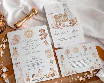 Minimalistisches geschlechtsneutrales Babyparty-Einladungspaket, Boho-Babyspielzeug-Einladungsset, einfache Kinderzimmer-Babystreu bearbeitbare Vorlagen, NR1
