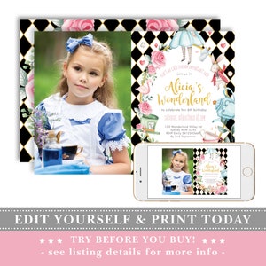 May include: Alice in Wonderland themed birthday party invitation with a black and white chequered background, pink roses, and a photo of a girl dressed as Alice. The text reads "Don't be late for an important date, join us in Alicia's Wonderland to celebrate her 6th birthday, Saturday, 10th October at 3pm, 123 Wonderland Valley Rd, Sydney NSW 2345, RSVP Emily 0412345667 by 2nd September."