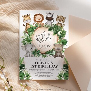 Safari Wild One Birthday Invitation, Jungle Animals Party Invite, Tropical Greenery Boy 1st Birthday Printable EDITABLE TEMPLATE, SAF9 image 4