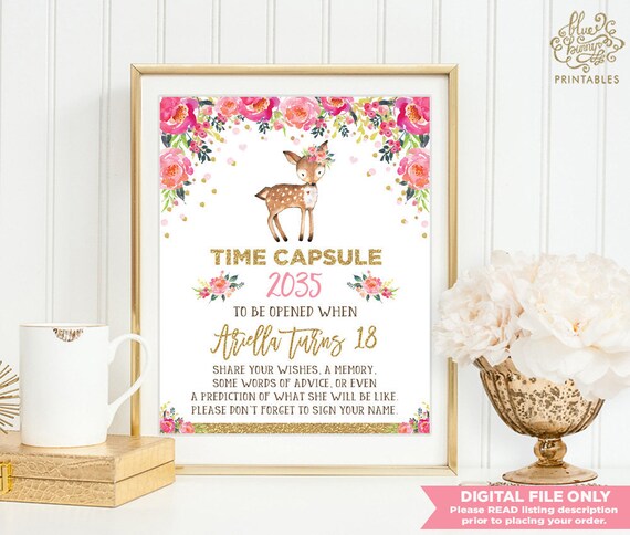 Floral Deer TIME CAPSULE. Pink and Gold Woodland First Birthday Party Printable Decor. Girl Baby Deer Doe Decoration. Forest Birthday. DEER4 Il_570xn
