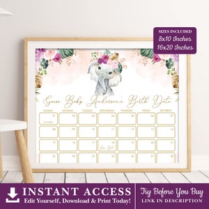 Boho Elephant Baby Girl Due Date Calendar, Purple Blush Floral Guess Baby's Birthday Game, Baby Prediction EDITABLE TEMPLATE Download, EL13 image 2