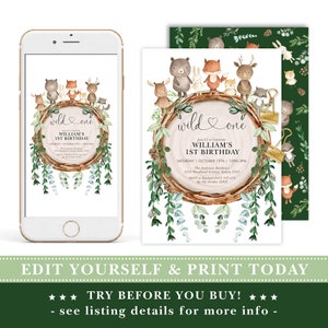May include: A digital invitation for a first birthday party, featuring woodland animals and the text "wild one." The invitation is displayed on a smartphone and a printed card, with green foliage and a wood-slice design.
