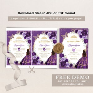 May include: Purple and gold Quincea&ntilde;era invitation with a butterfly design and a floral border. The invitation features a young woman in a purple dress and a crown. The text on the invitation reads "Quincea&ntilde;era Aurora Grace".