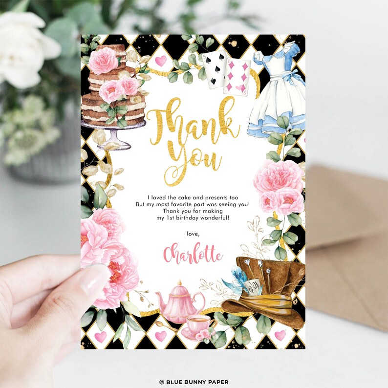 Alice in Wonderland Thank You Card, Mad Hatter Tea Party, Alice in Onederland Birthday, High Tea Baby Shower EDITABLE TEMPLATE Download, AL3 image 1
