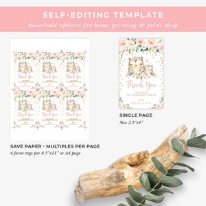 Peut inclure: Etiquettes de remerciement imprimables avec une illustration aquarelle de deux hiboux avec des fleurs roses et des paillettes dor&eacute;es. Le texte indique "Merci d'&ecirc;tre venu et d'avoir c&eacute;l&eacute;br&eacute; avec nous ! Avec amour, Kelsie & Dan". Les &eacute;tiquettes sont disponibles en deux tailles : 2,5 pouces par 4 pouces pour l'impression sur une seule page ou 6 &eacute;tiquettes par page de 8,5 pouces par 11 pouces.