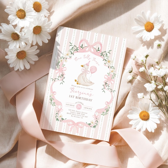 One Silly Goose 1st Birthday Invitation, Pink Bow Silly Goose Birthday Party Invite, Daisy Floral Goose First Birthday Editable Template SG1
