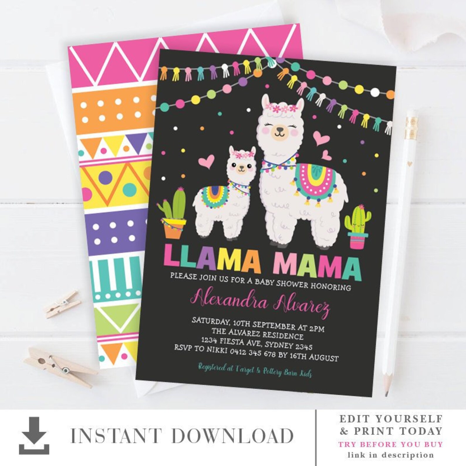 Llama Baby Shower Invitation. Fiesta Llama EDITABLE TEMPLATE. | Etsy