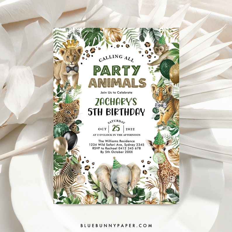 May include: A jungle-themed party invitation with a green, gold, and black color scheme. The invitation features a variety of animals, including a lion, tiger, giraffe, elephant, and monkey. The text on the invitation reads "Calling All Party Animals" and "Zachary's 5th Birthday".