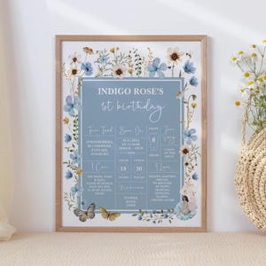 Peut inclure: Une affiche de premier anniversaire florale bleue et blanche avec le nom Indigo Rose. L'affiche liste les aliments préférés du bébé, sa date et heure de naissance, son poids et sa taille, ainsi que les choses que le bébé sait faire. L'affiche comprend également un papillon et une fée.