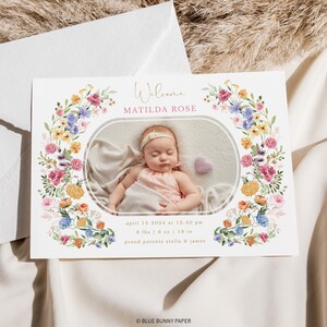 Colorful Wildflower Birth Announcement Spring Floral Garden Photo Card EDITABLE TEMPLATE Newborn Baby Girl Instant Download FLO2 image 3