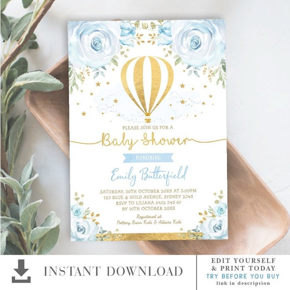 hot air balloon boy baby shower invitation. adventure blue and gold  watercolor floral editable invitation printable. instant download. hab7