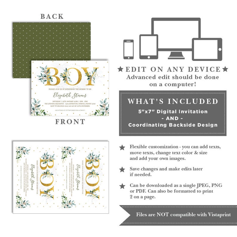 EDITABLE Greenery Boy Baby Shower Invitation / DIY Template / Elegant Watercolor Botanical Printable / Green Gold Instant Download / BOT9 image 3