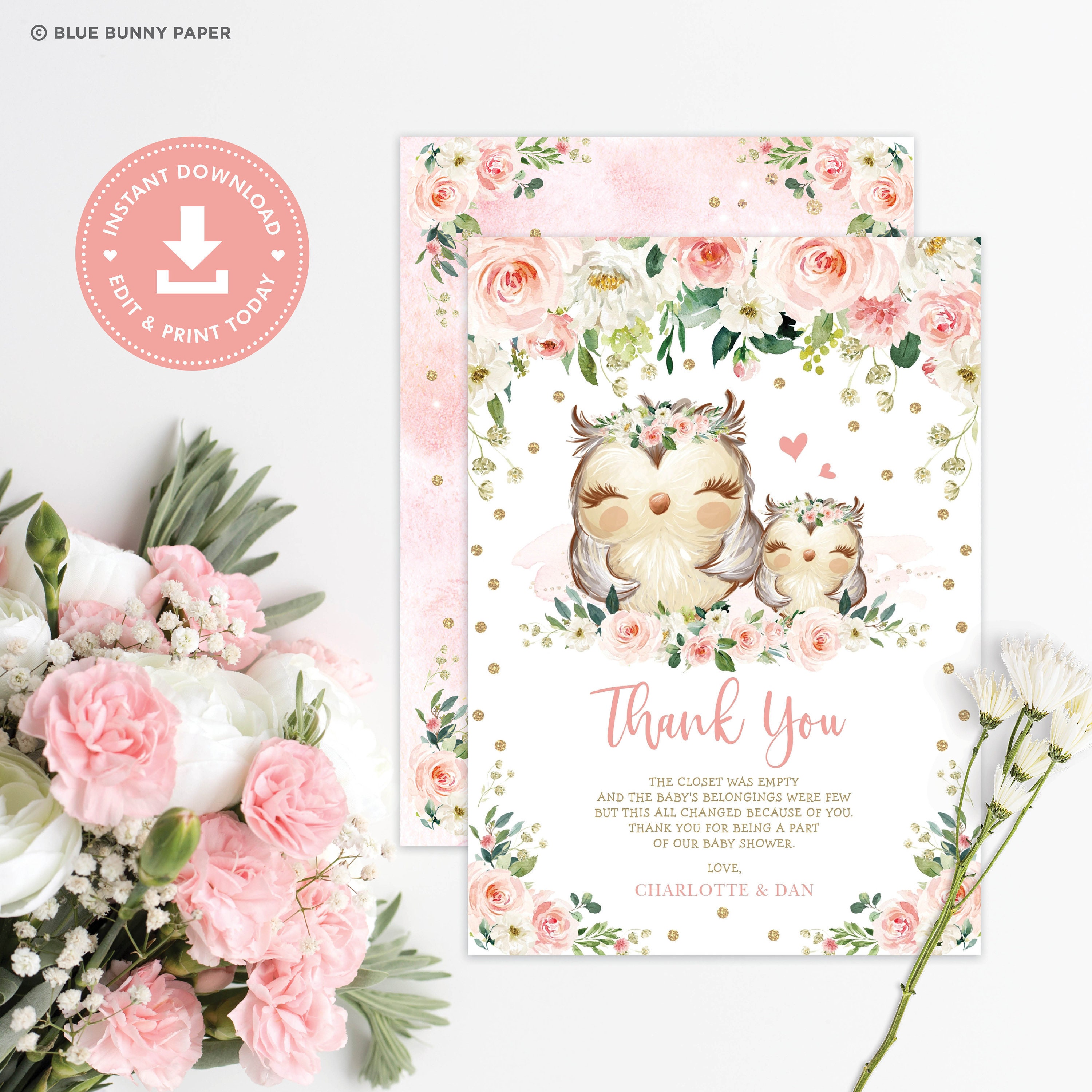 EDITABLE Owl Thank You Card. Blush Pink Floral Owl Baby Shower Printable. Girl Woodland Forest Favor