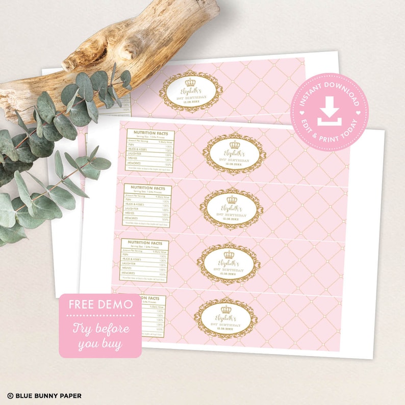 May include: Pink and gold printable water bottle labels with a crown design and the text "Elizabeth's 1st Birthday is on the way".  The labels are designed for a first birthday party.