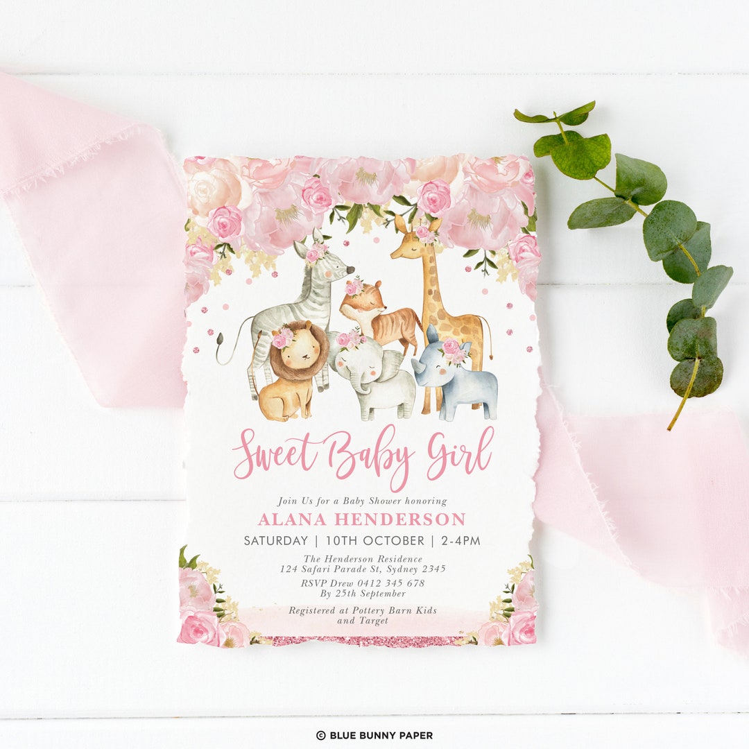 Editable Safari Girl Baby Shower Invitation Template, Jungle Animals ...