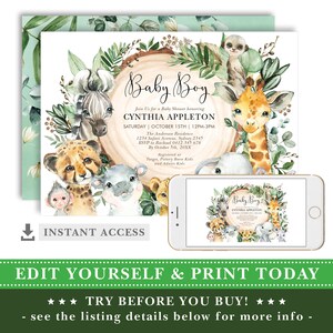May include: Editable baby shower invitation with a jungle theme. The invitation features a watercolor illustration of a giraffe, zebra, cheetah, monkey, and other animals in a green leafy setting. The text on the invitation reads "Baby Boy" and "Cynthia Appleton".