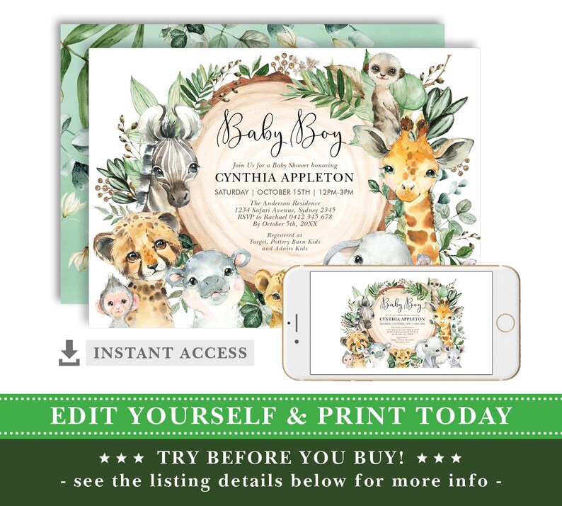 May include: Editable baby shower invitation with a jungle theme. The invitation features a watercolor illustration of a giraffe, zebra, cheetah, monkey, and other animals in a green leafy setting. The text on the invitation reads "Baby Boy" and "Cynthia Appleton".